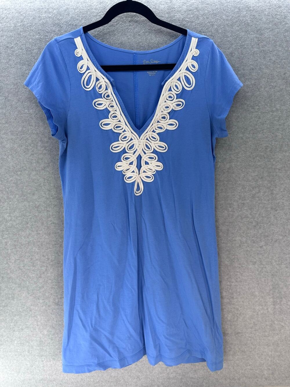 Lilly Pulitzer Women's sz L Brewster Dress 100% Cotton V Neck Blue White Emb.